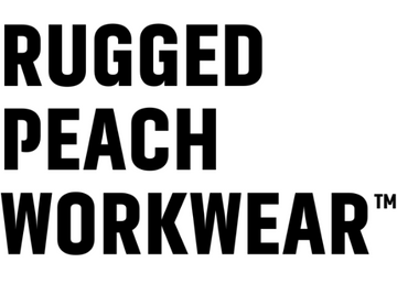 Black text 'RUGGED PEACH WORKWEAR' on a white background