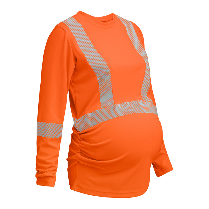 Pregnant worker wearing properly fitted hi-vis maternity PPE shirt in orange, long sleeve ANSI Class 2 Type R safety garment for industrial jobsite